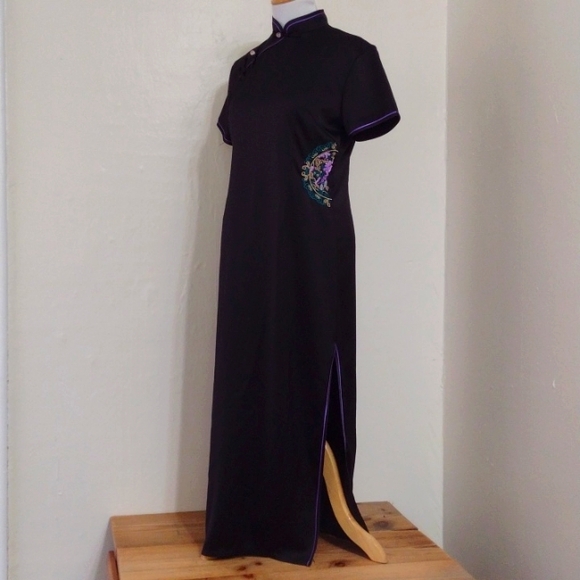 Modern Asian Black Silky Full Length Cheongsam Dress Size XL - Picture 2 of 13